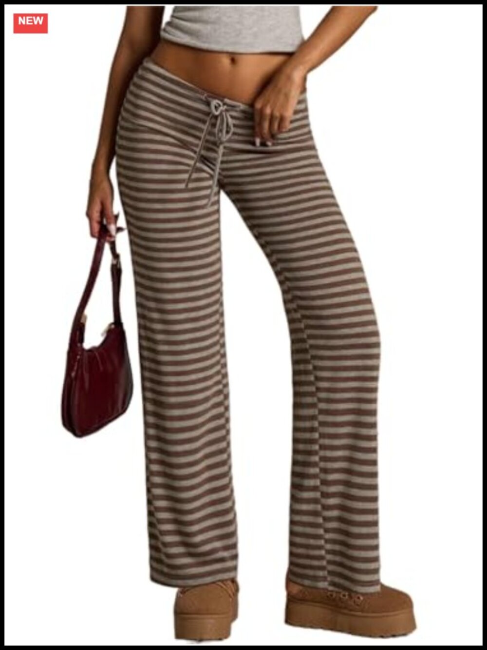 Flared Knit Pants High Waisted Wide Leg Striped Lounge Bottoms Soft Stretchy